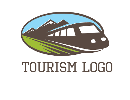 mountains and bullet train in oval illustration logo