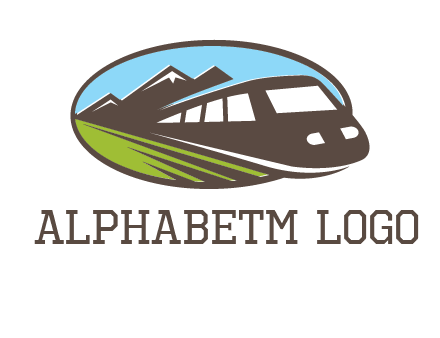mountains and bullet train in oval illustration logo