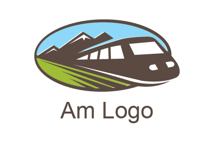mountains and bullet train in oval illustration logo