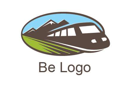mountains and bullet train in oval illustration logo