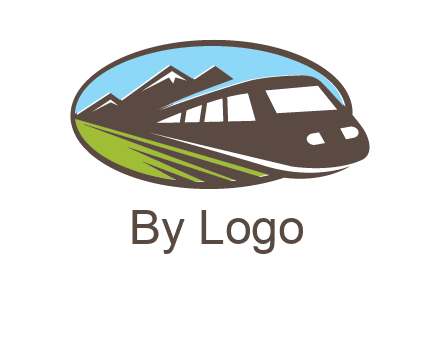 mountains and bullet train in oval illustration logo