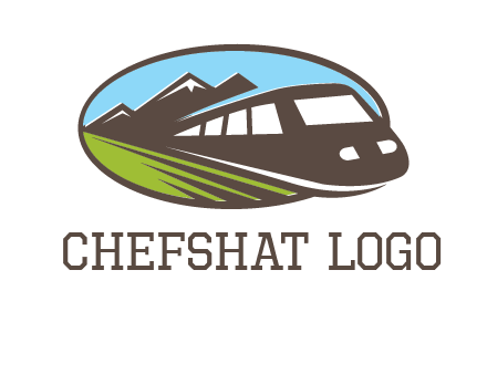 mountains and bullet train in oval illustration logo