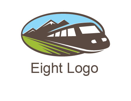 mountains and bullet train in oval illustration logo