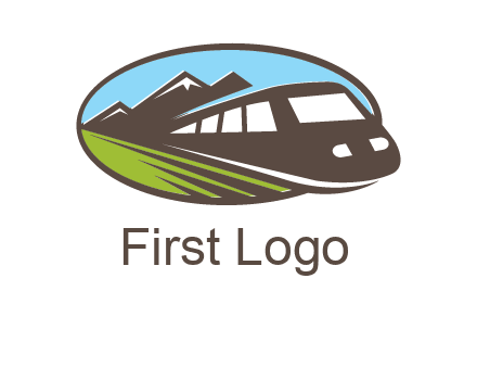 mountains and bullet train in oval illustration logo