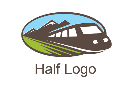 mountains and bullet train in oval illustration logo