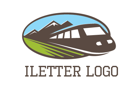 mountains and bullet train in oval illustration logo
