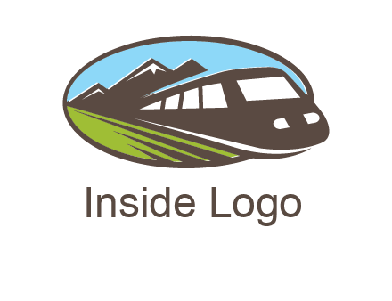 mountains and bullet train in oval illustration logo