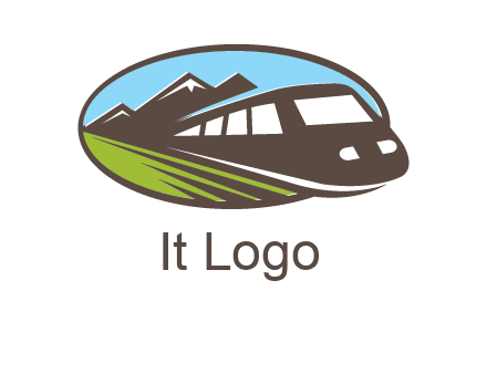 mountains and bullet train in oval illustration logo