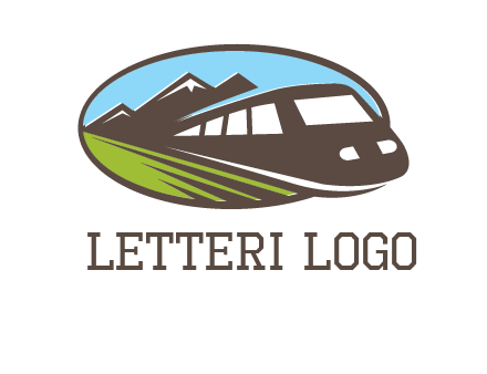 mountains and bullet train in oval illustration logo