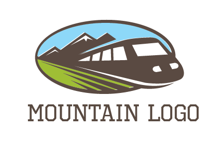 mountains and bullet train in oval illustration logo