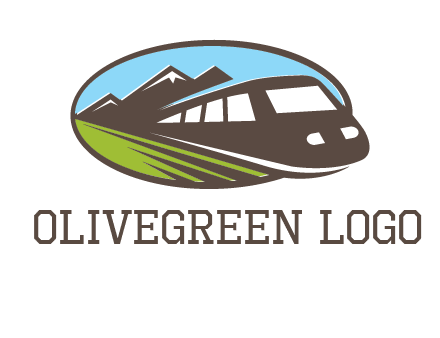 mountains and bullet train in oval illustration logo