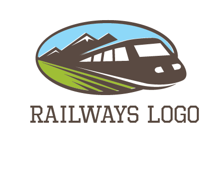 mountains and bullet train in oval illustration logo