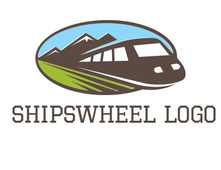 mountains and bullet train in oval illustration logo