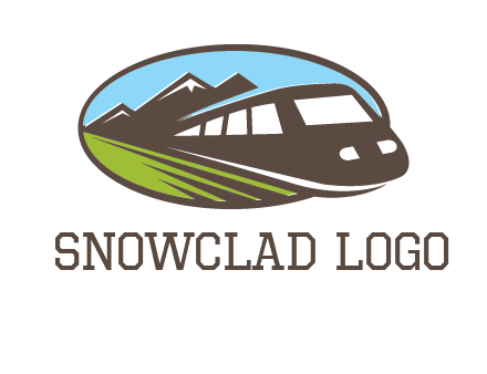 mountains and bullet train in oval illustration logo