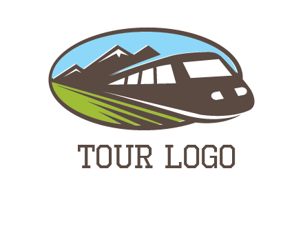 mountains and bullet train in oval illustration logo