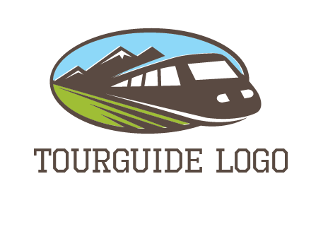mountains and bullet train in oval illustration logo