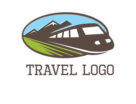 mountains and bullet train in oval illustration logo