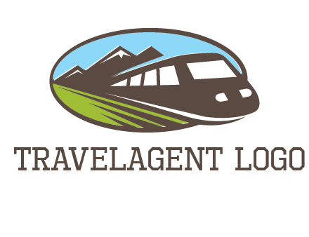 mountains and bullet train in oval illustration logo