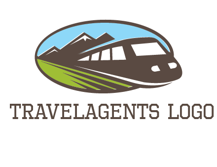 mountains and bullet train in oval illustration logo