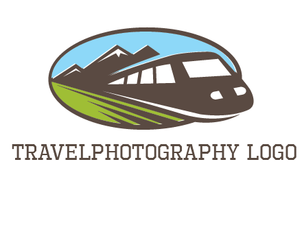 mountains and bullet train in oval illustration logo