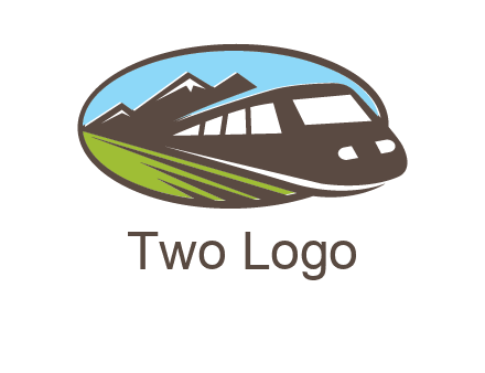 mountains and bullet train in oval illustration logo