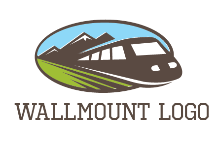 mountains and bullet train in oval illustration logo