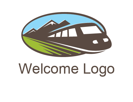 mountains and bullet train in oval illustration logo