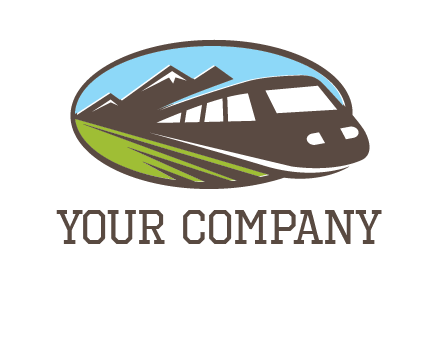 mountains and bullet train in oval illustration logo
