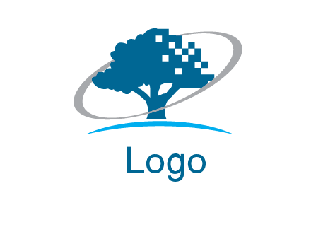 swoosh around pixels and tree technology logo