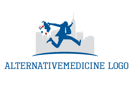 running executive with briefcase and skyscrapers illustration