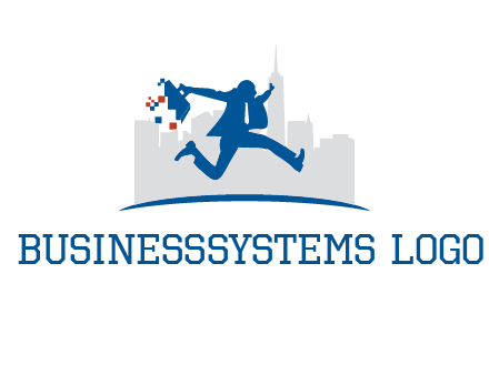 running executive with briefcase and skyscrapers illustration