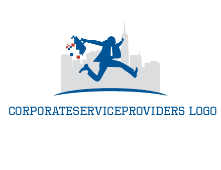 running executive with briefcase and skyscrapers illustration