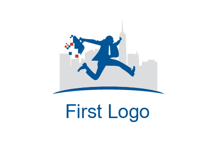 running executive with briefcase and skyscrapers illustration