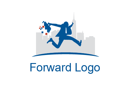 running executive with briefcase and skyscrapers illustration