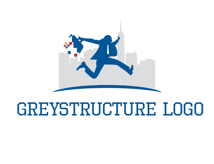 running executive with briefcase and skyscrapers illustration