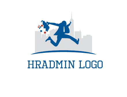 running executive with briefcase and skyscrapers illustration