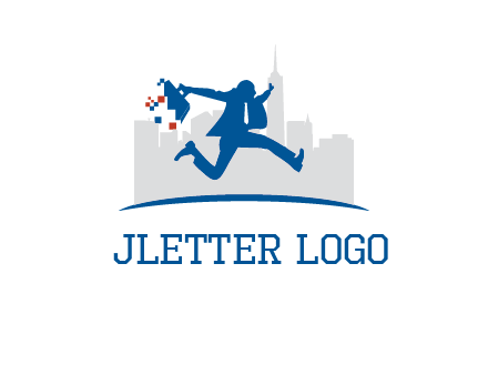 running executive with briefcase and skyscrapers illustration