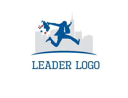 running executive with briefcase and skyscrapers illustration