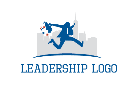 running executive with briefcase and skyscrapers illustration