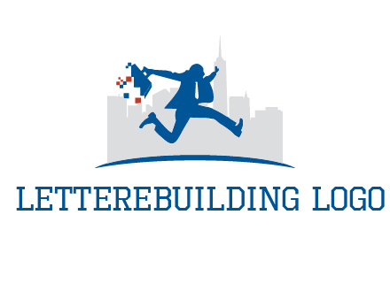 running executive with briefcase and skyscrapers illustration