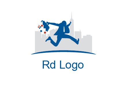 running executive with briefcase and skyscrapers illustration