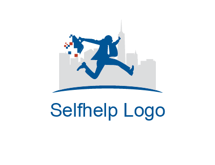 running executive with briefcase and skyscrapers illustration