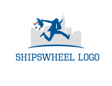 running executive with briefcase and skyscrapers illustration