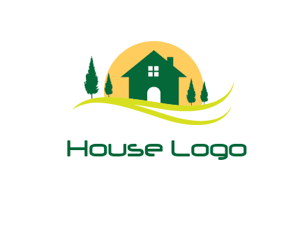 sun behind trees and house logo