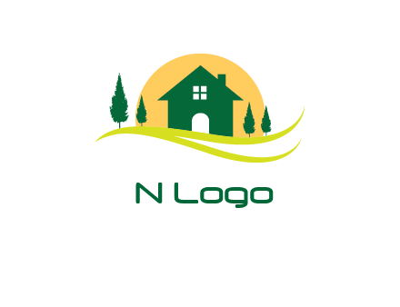 sun behind trees and house logo