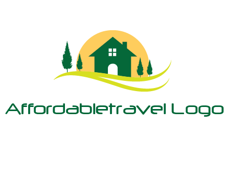 sun behind trees and house logo