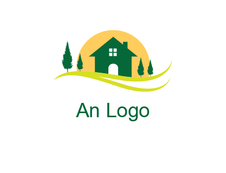 sun behind trees and house logo