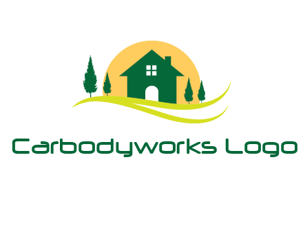 sun behind trees and house logo