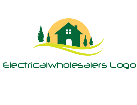 sun behind trees and house logo