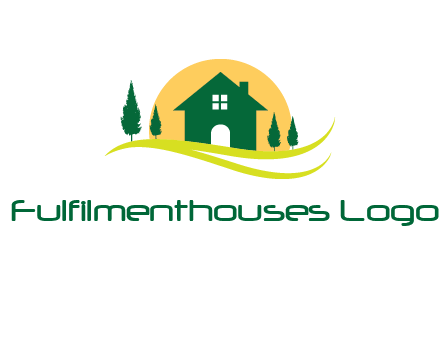 sun behind trees and house logo